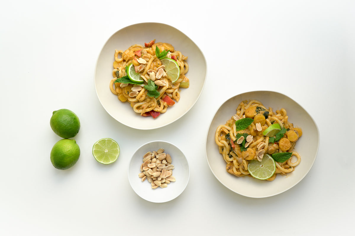 Udon Noodles in cremiger Kokosnuss-Erdnuss-Sauce